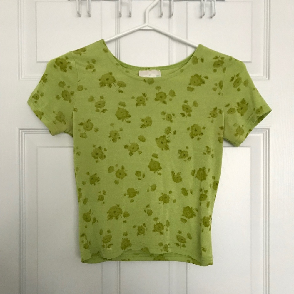 Vintage Green Box Floral Top XS/S Fit Short Sleeve Round Neckline